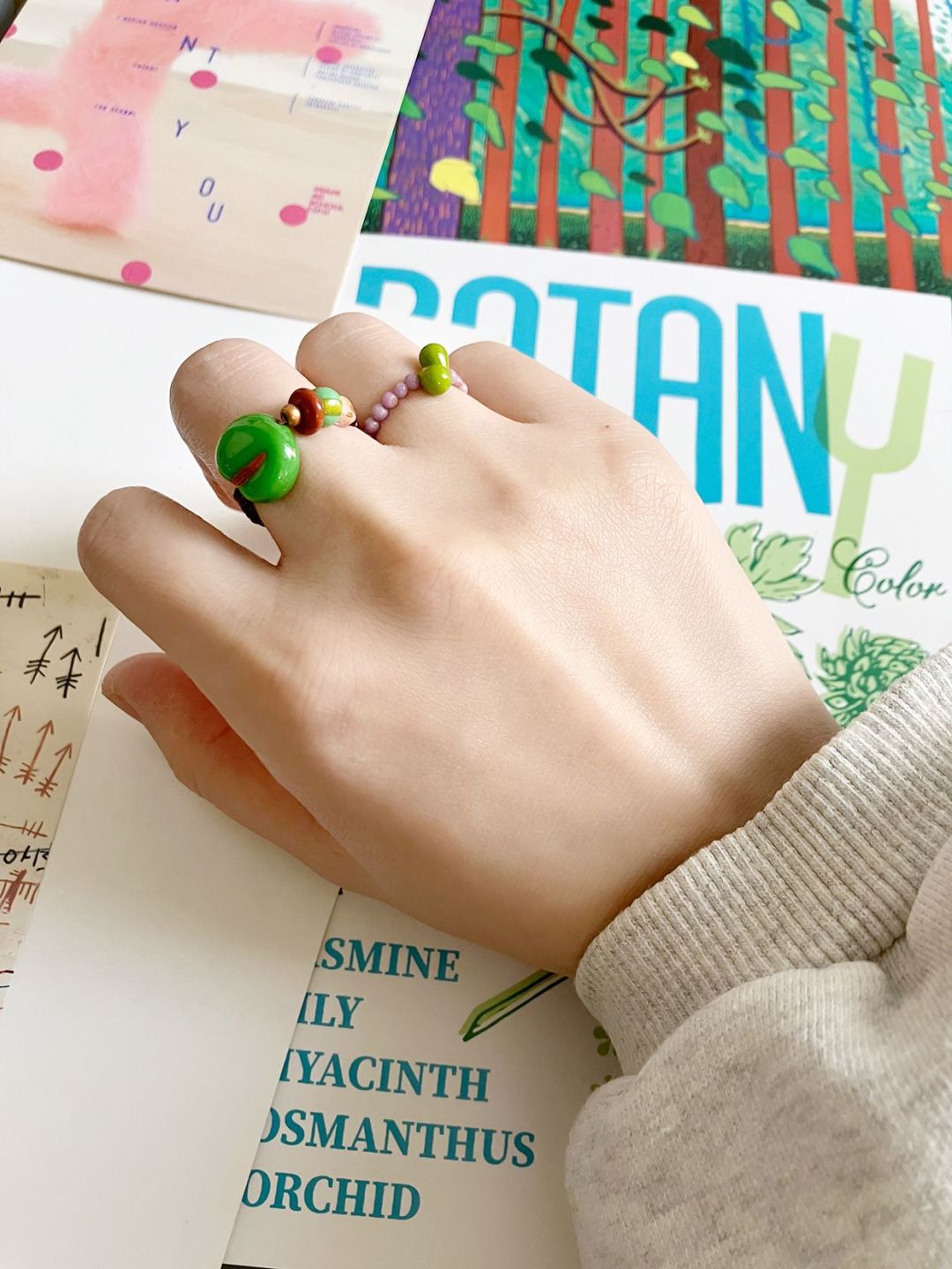 【Playful and Whimsical Ring】Original Handmade Dopamine Colors Cute Vacation-themed Beaded Ring • Sakura Matcha (Default 6cm Elastic Cord)